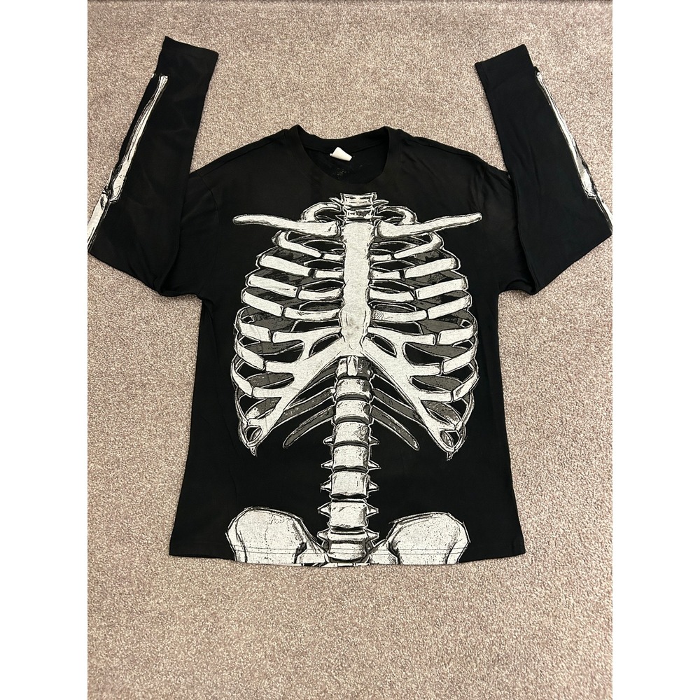 Spirit Skeleton Graphic Long Sleeve Shirt Mens Medium Black Excellent Rib Cage